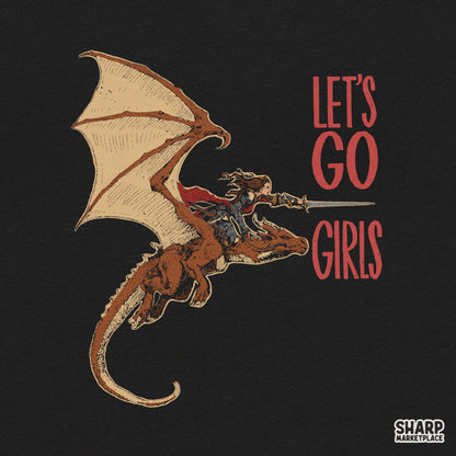 Let's Go Girls western cowgirl PNG sublimation design featuring a trendy dark aesthetic dragon rider for apparel