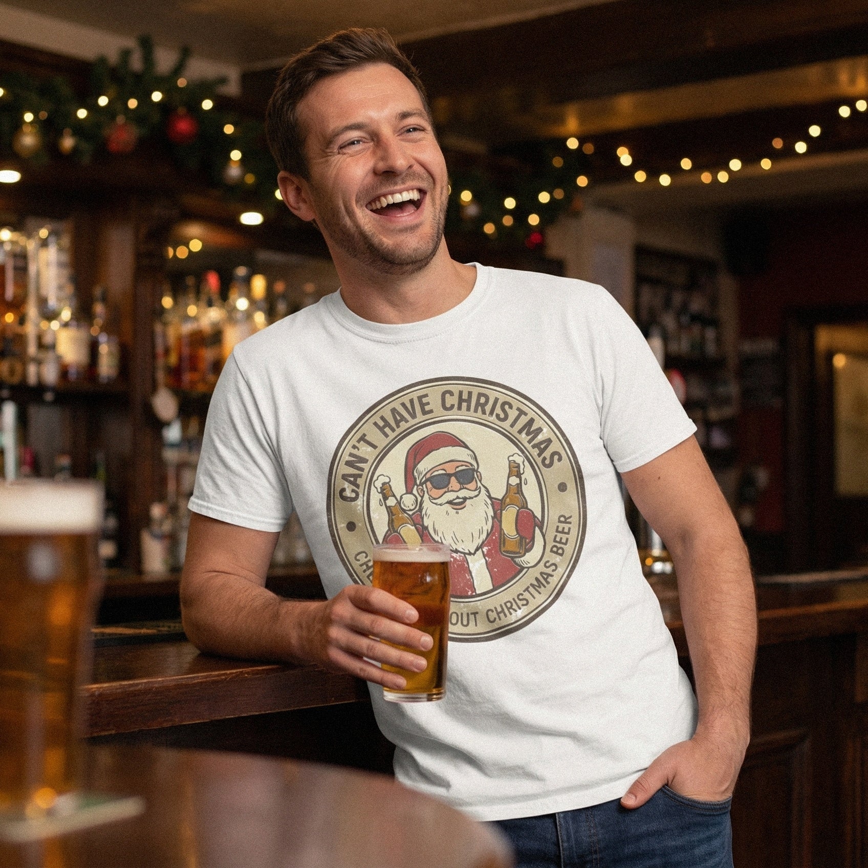 Can't Have Christmas Without Beer PNG, Santa Holding Bottles - 300 DPI