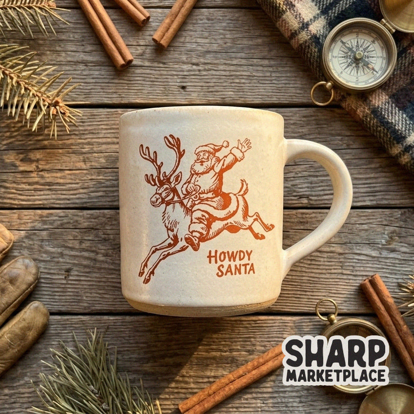 Howdy Santa vintage Christmas graphic in a retro western style for holiday sublimation t-shirt designs