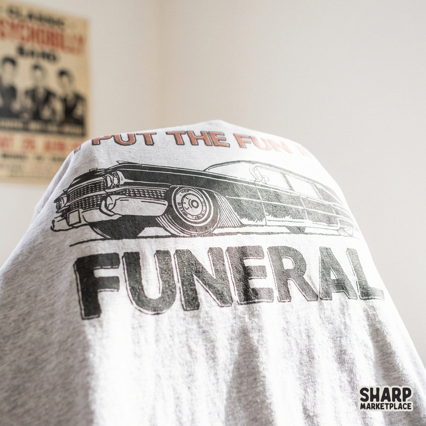 Retro hearse illustration with I Put The Fun In Funeral text for sarcastic dark humor Halloween apparel and DIY crafts