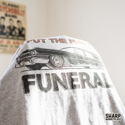 Retro hearse illustration with I Put The Fun In Funeral text for sarcastic dark humor Halloween apparel and DIY crafts