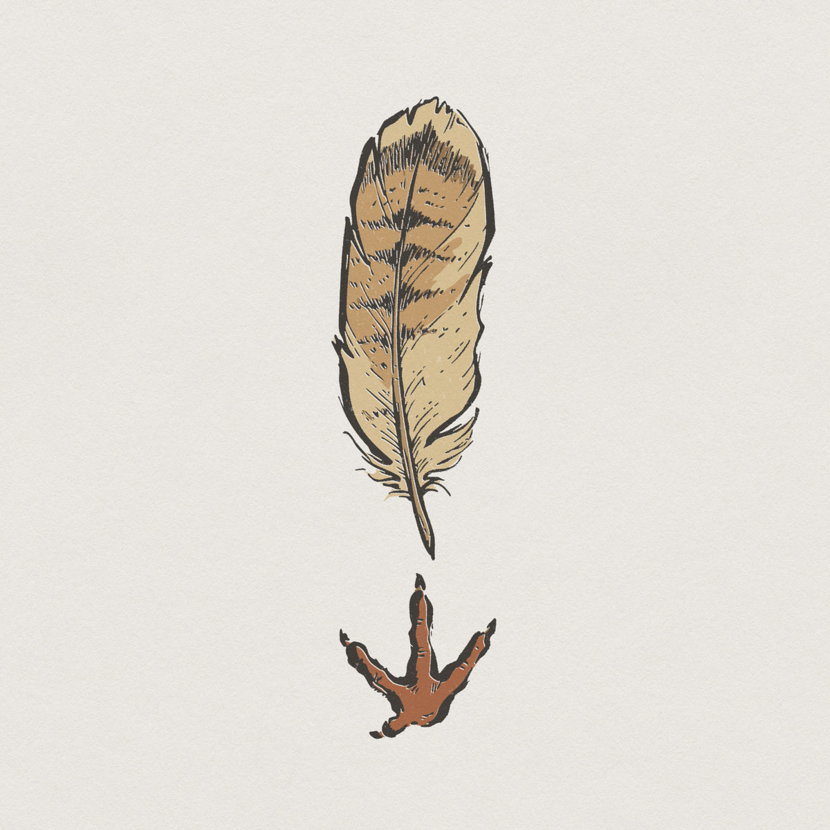 Hand-drawn bird feather and footprint PNG in rustic earthy tones, perfect for nature-themed sublimation shirts, stickers, and outdoor apparel designs.