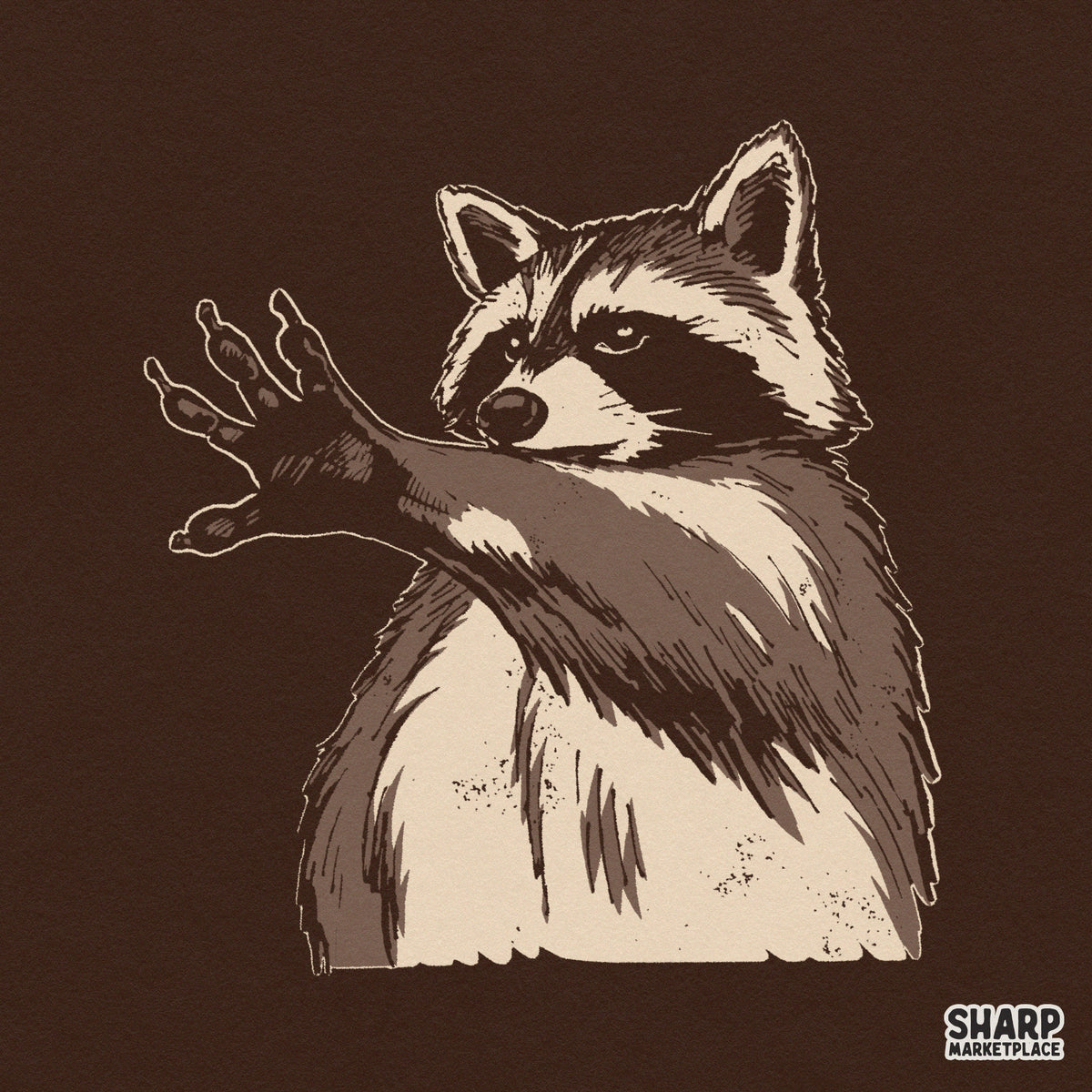 Vintage raccoon talk to the hand illustration, funny trash panda graphic for sarcastic animal meme t-shirt PNG design