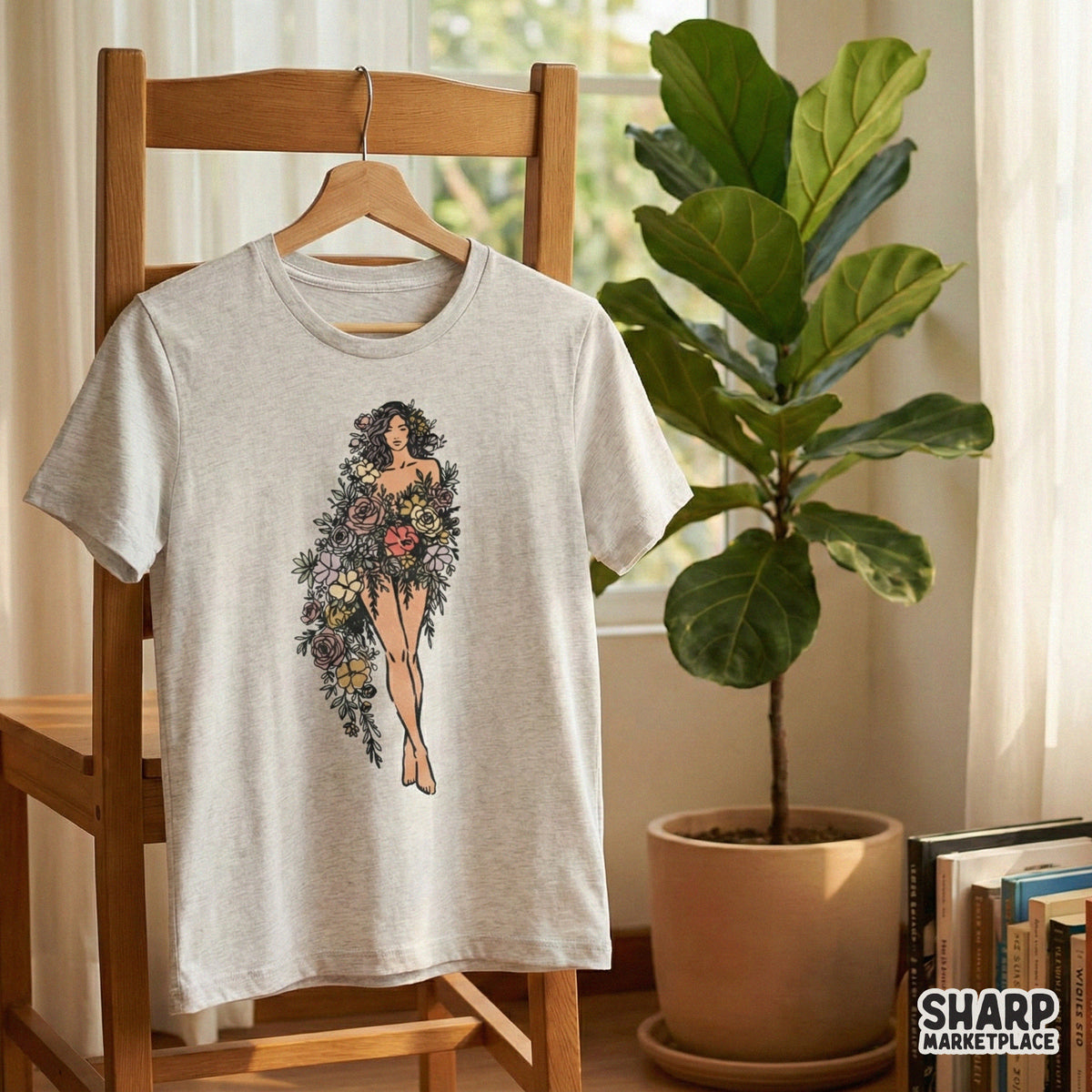 Vintage style botanical goddess illustration with transparent background, perfect for sublimation, custom apparel, and nature-inspired DIY projects.