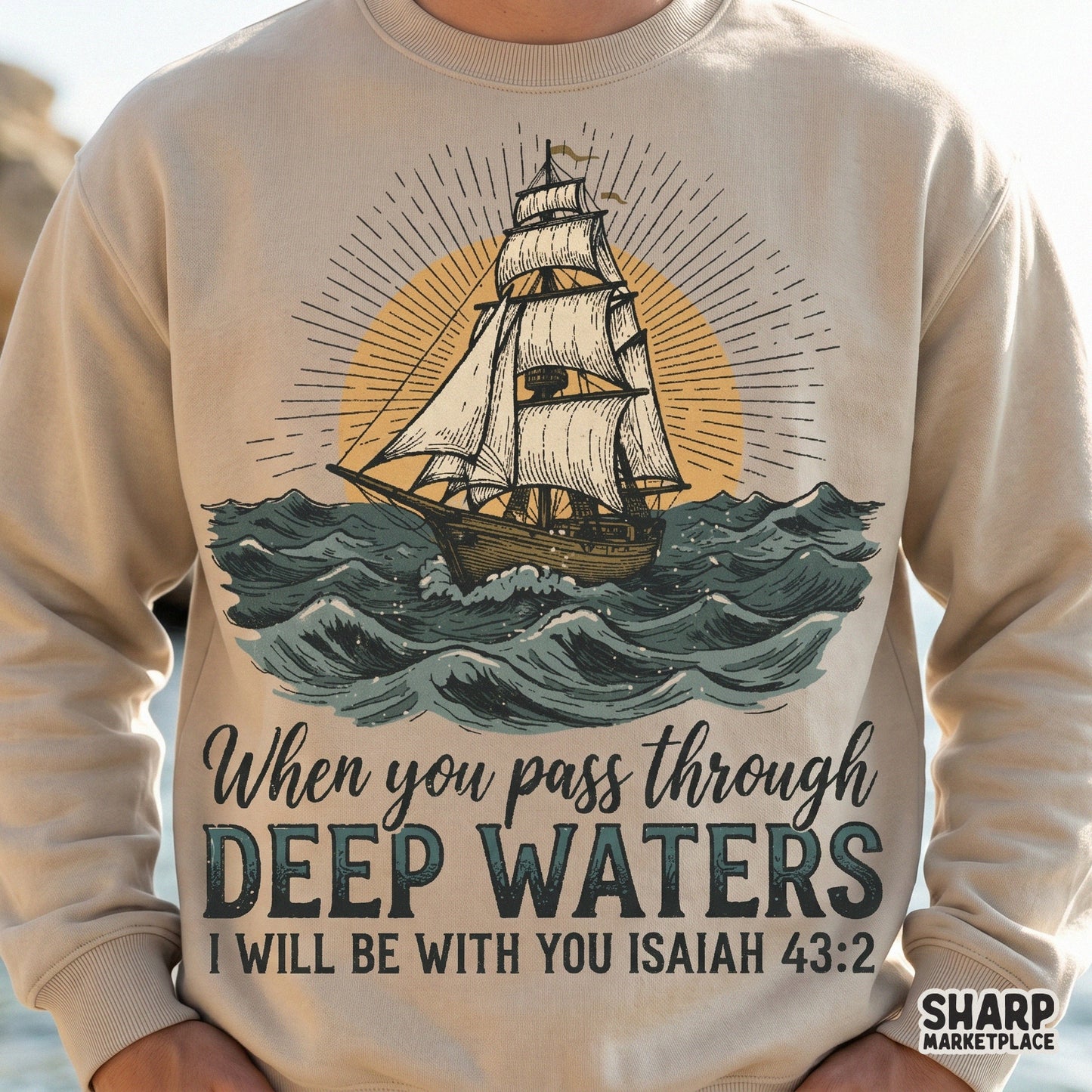 Vintage ship art Christian PNG with Isaiah 43 2 bible verse for faith shirts and retro sublimation design