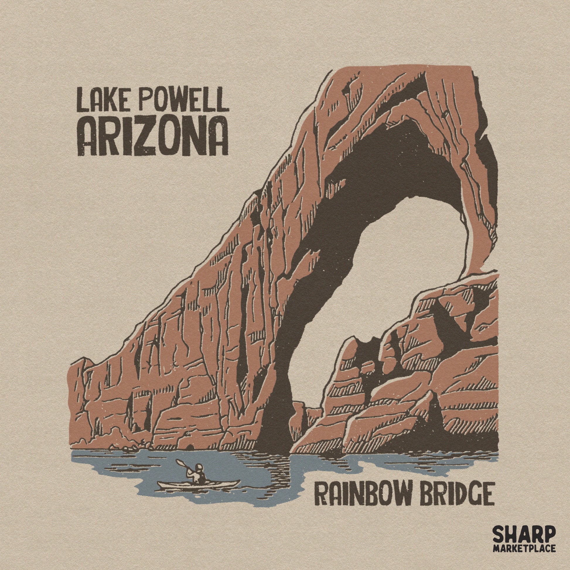 Retro Lake Powell sublimation design with Rainbow Bridge and kayaking for summer beach vibes shirts