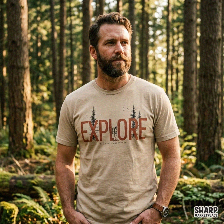 Retro camping PNG design featuring a hiker in pine trees for outdoor apparel and t-shirts