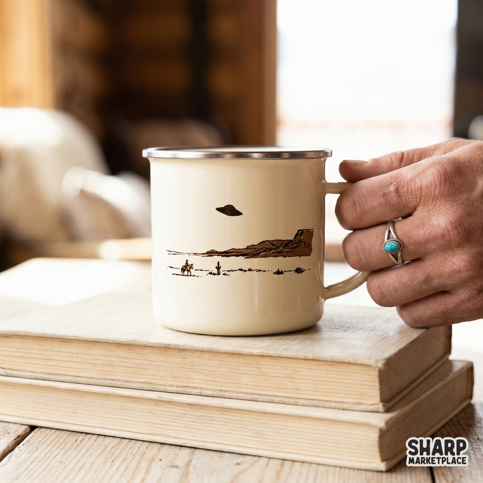 Retro desert scene design on a camping mug, showcasing a lone rider and a mysterious UFO in a clean, minimalist sketch style for custom sublimation.