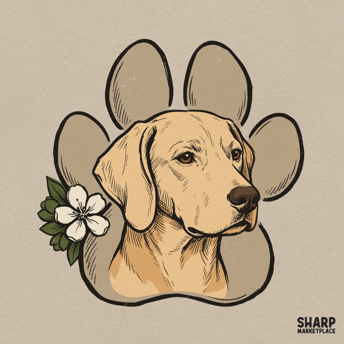 Yellow lab face over a floral paw print design with trendy spring flowers for dog mom sublimation projects