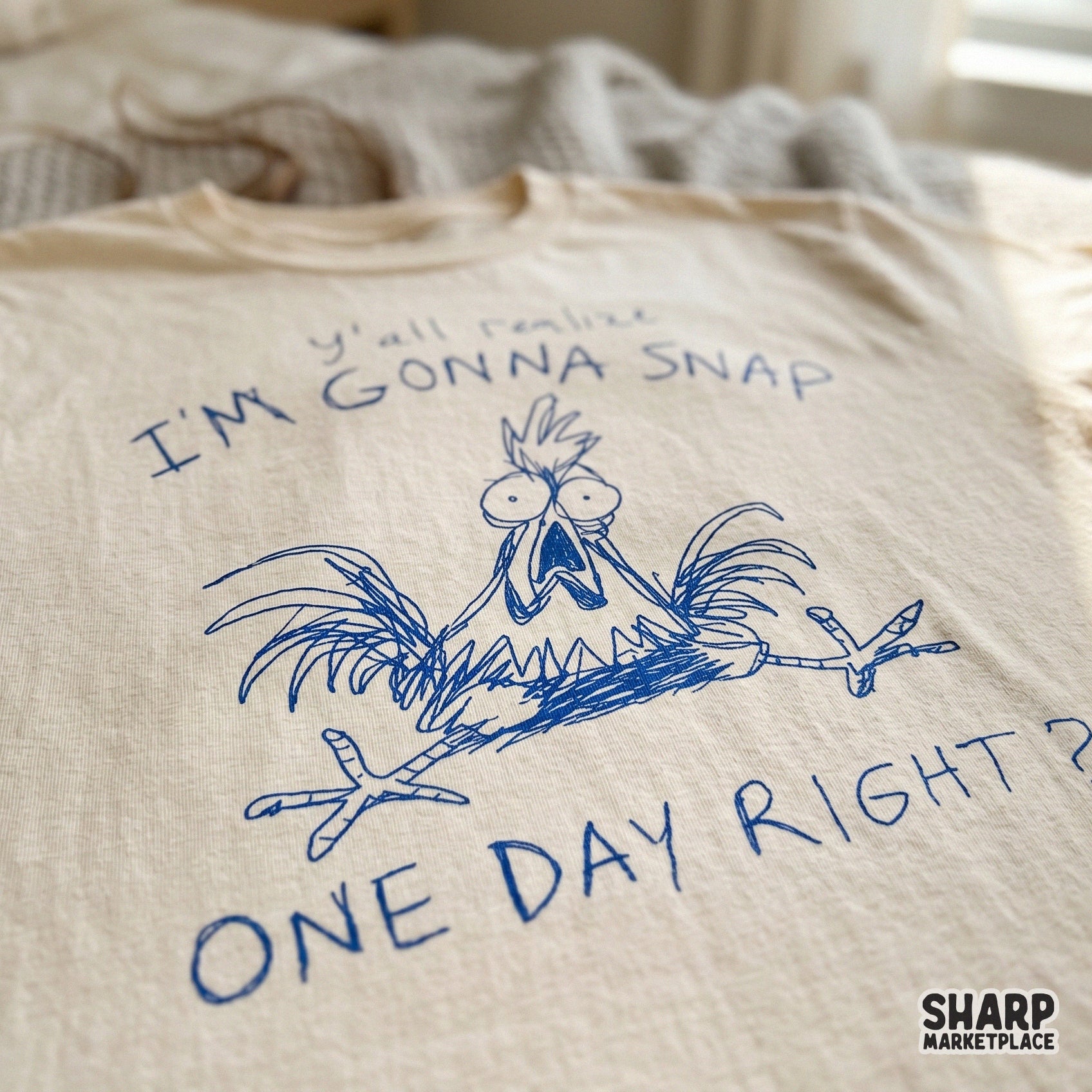 Digital sublimation design featuring a quirky, hand-drawn chicken illustration and sarcastic text, perfect for funny t-shirts, tumblers, and stickers.