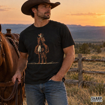 Classic dark silhouette of a cowboy riding a horse graphic for retro western PNG apparel prints