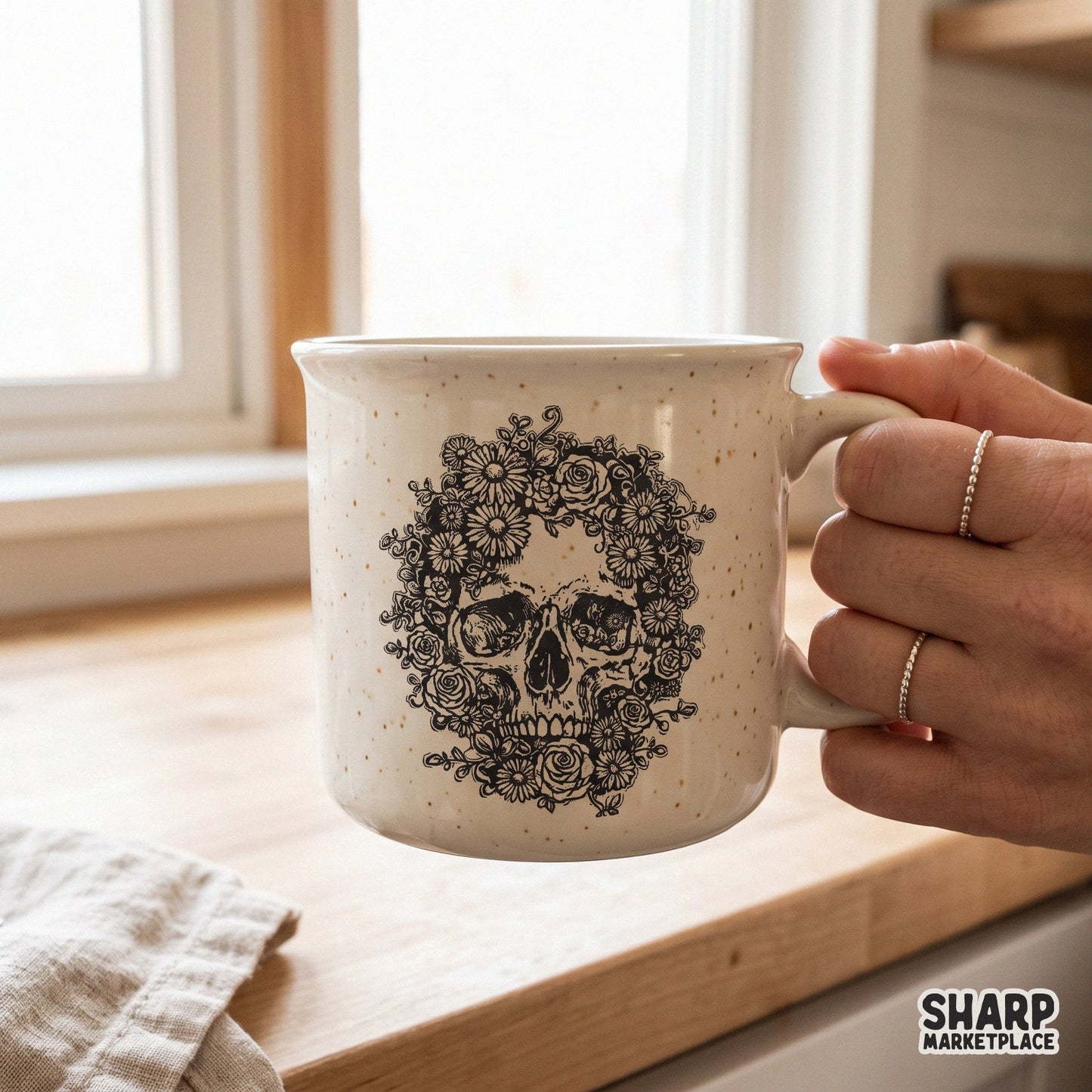 Detailed floral skull with roses and daisies in a gothic garden retro style for spooky season Halloween sublimation designs