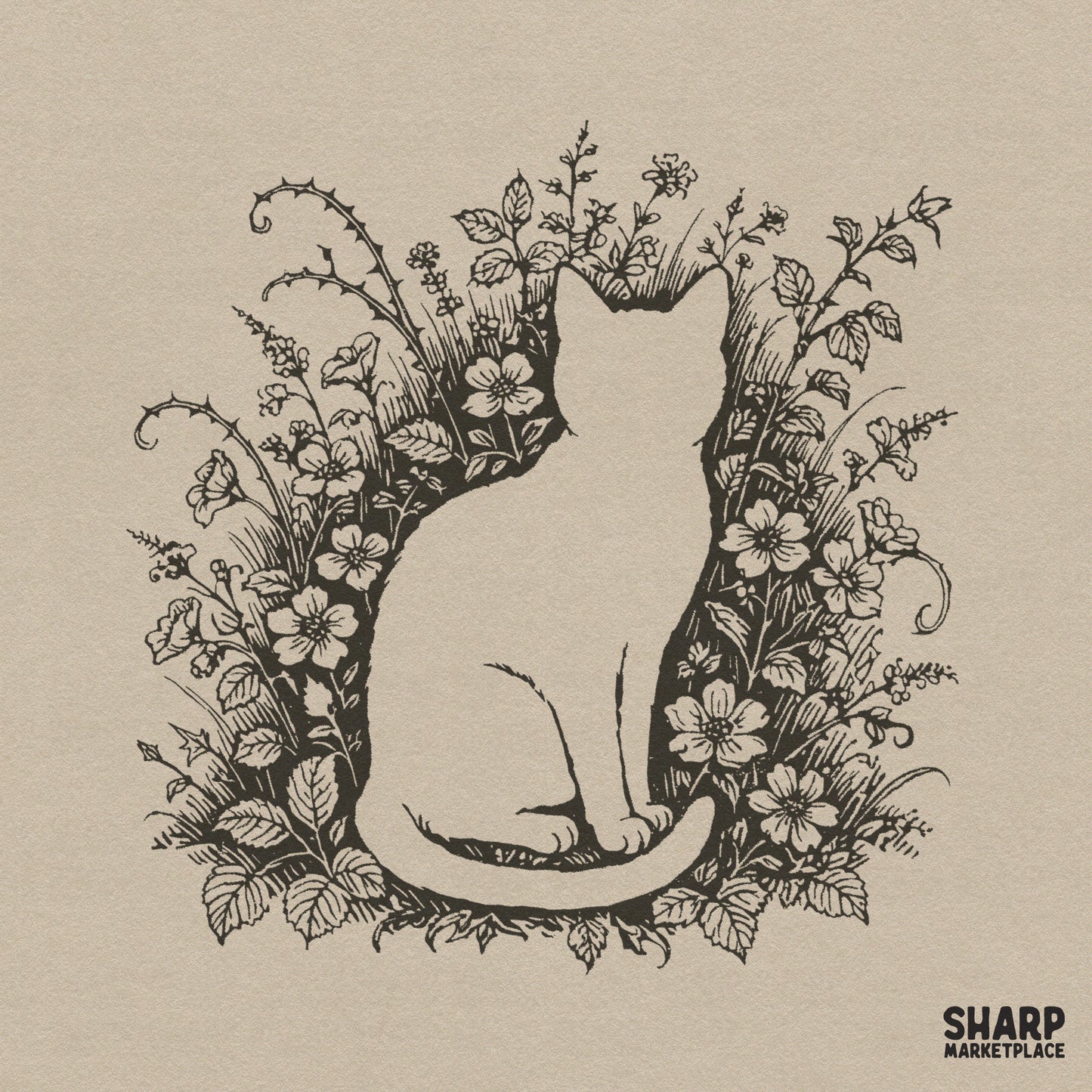Vintage botanical floral cat silhouette illustration for cottagecore aesthetic feline art and trendy png shirts