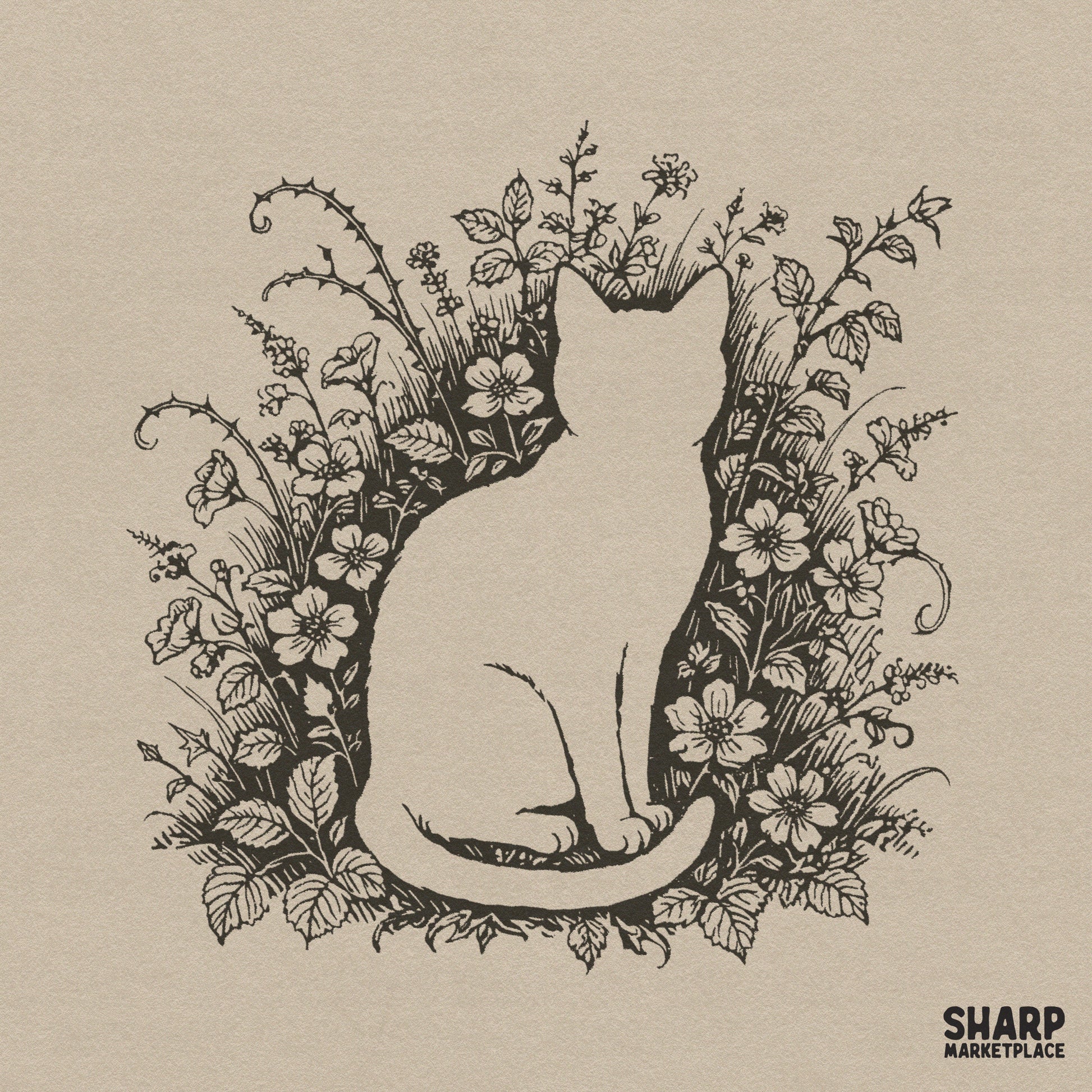Vintage botanical floral cat silhouette illustration for cottagecore aesthetic feline art and trendy png shirts