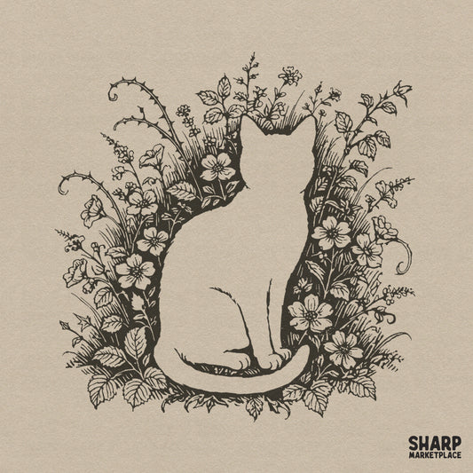 Vintage botanical floral cat silhouette illustration for cottagecore aesthetic feline art and trendy png shirts