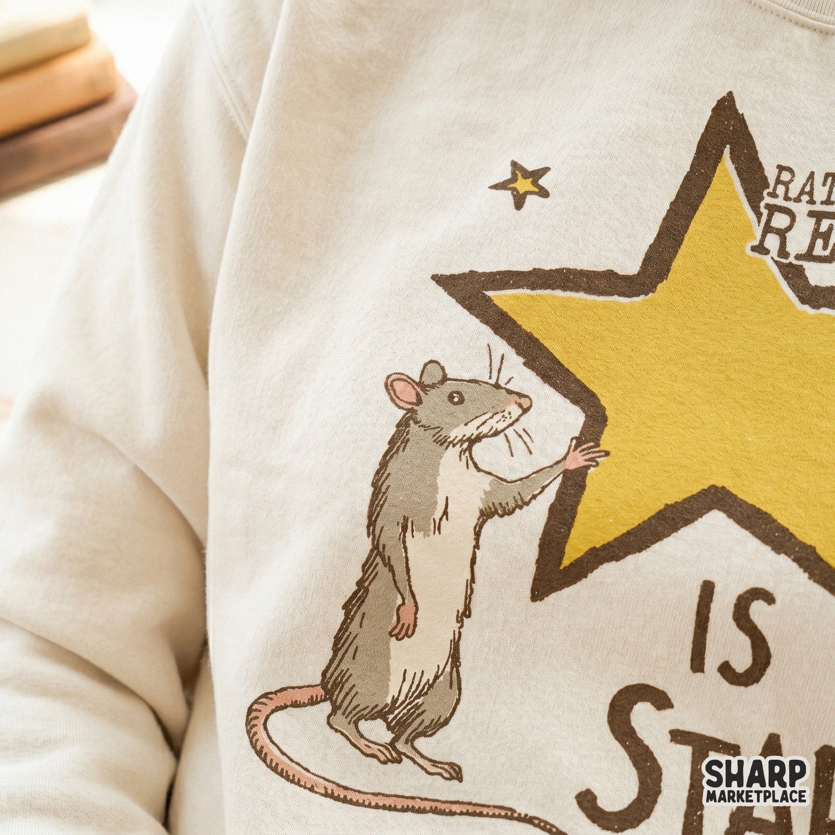 Funny animal meme design showcasing a detailed rat and star motif, ideal for print-on-demand projects, stickers, and unique graphic apparel.