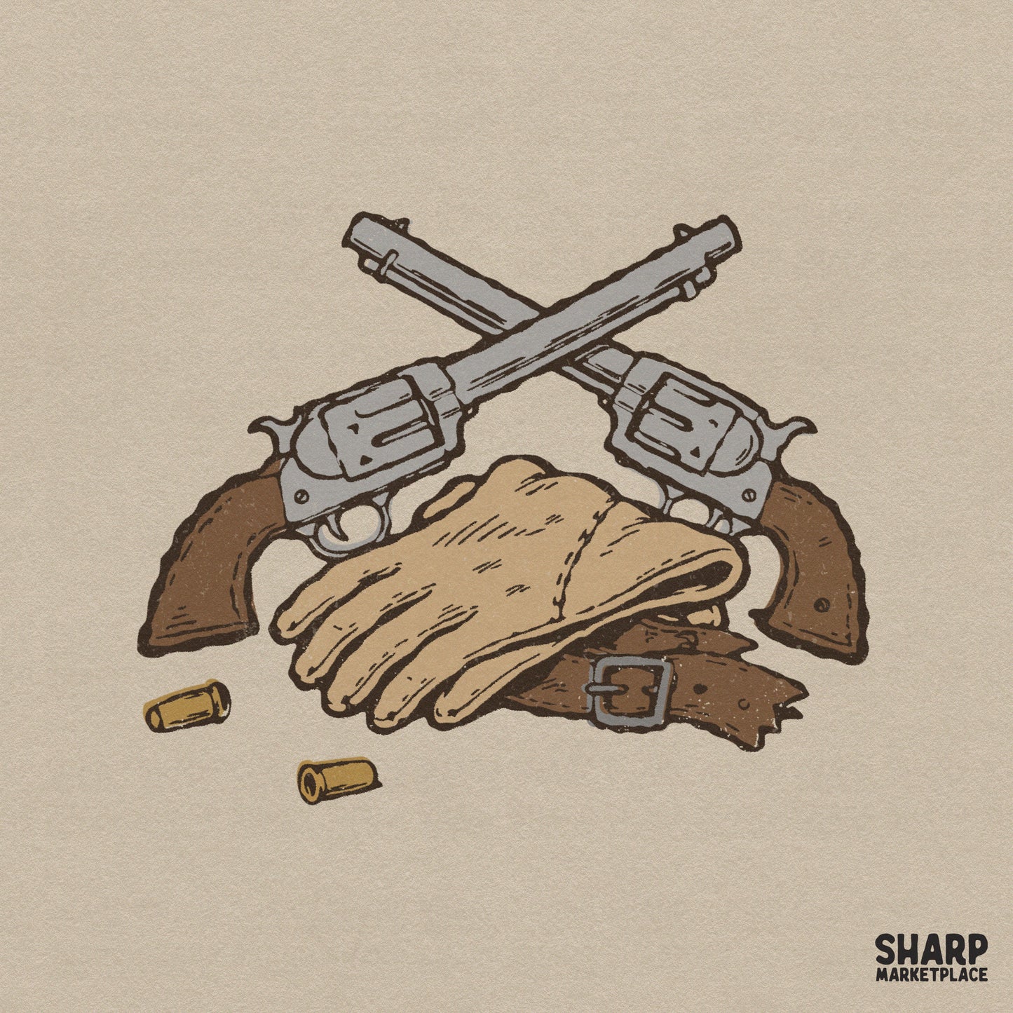 Vintage western illustration featuring crossed silver revolvers, leather work gloves, and brass shells for apparel or sticker sublimation designs.