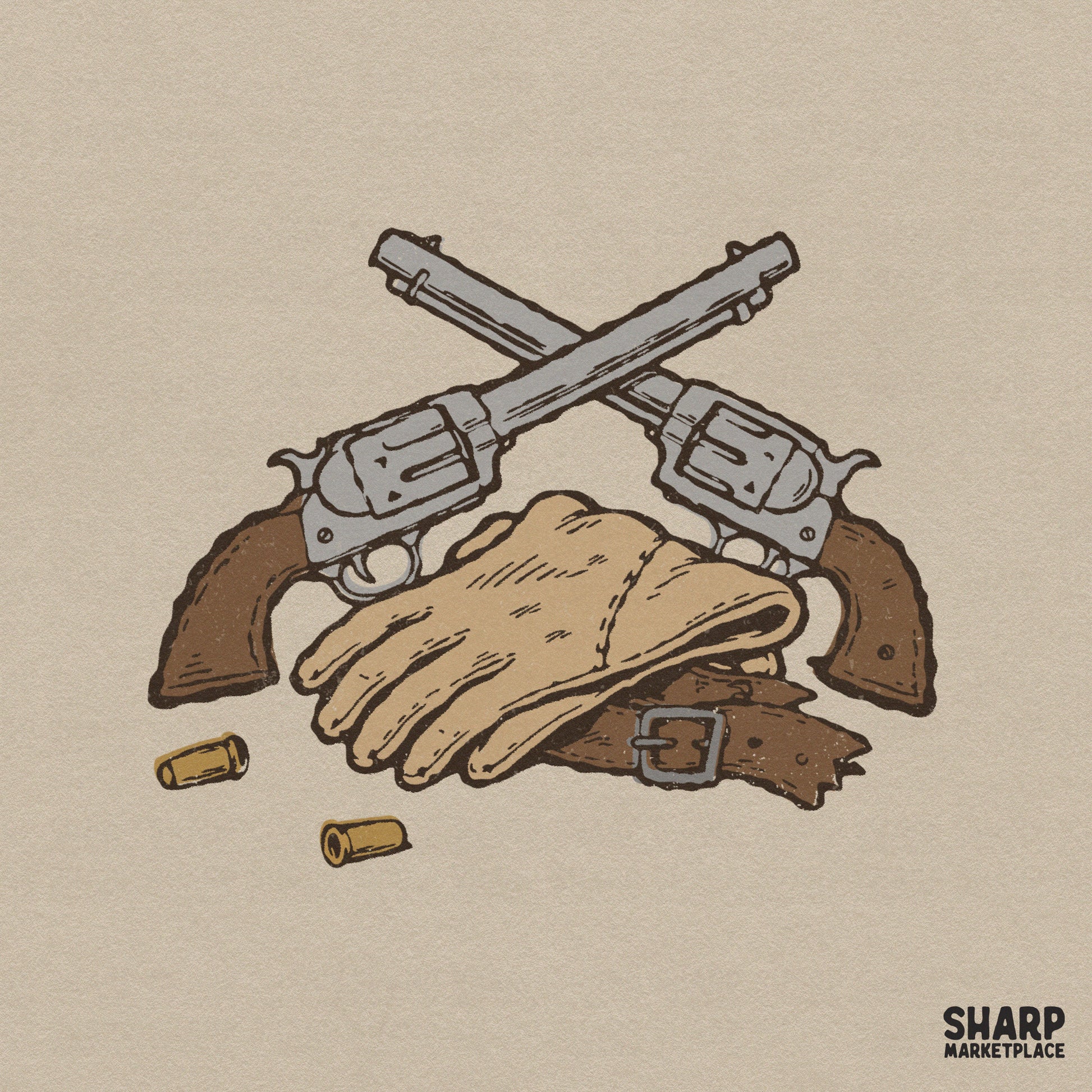 Vintage western illustration featuring crossed silver revolvers, leather work gloves, and brass shells for apparel or sticker sublimation designs.