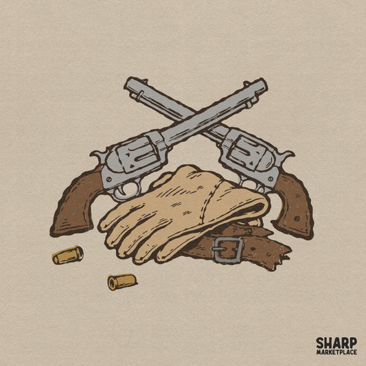 Vintage western illustration featuring crossed silver revolvers, leather work gloves, and brass shells for apparel or sticker sublimation designs.