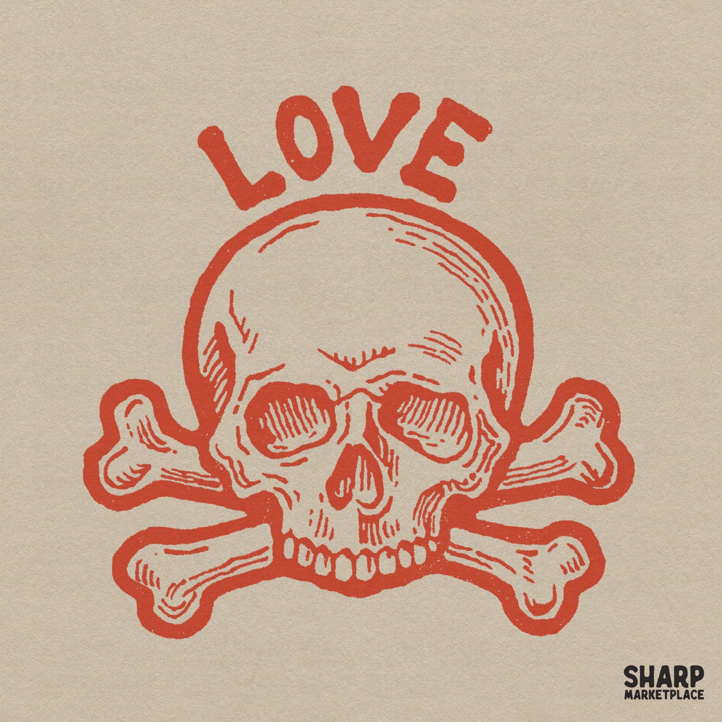 Gothic skull and crossbones with love text for a spooky retro Valentine's Day sublimation design on apparel or shirts