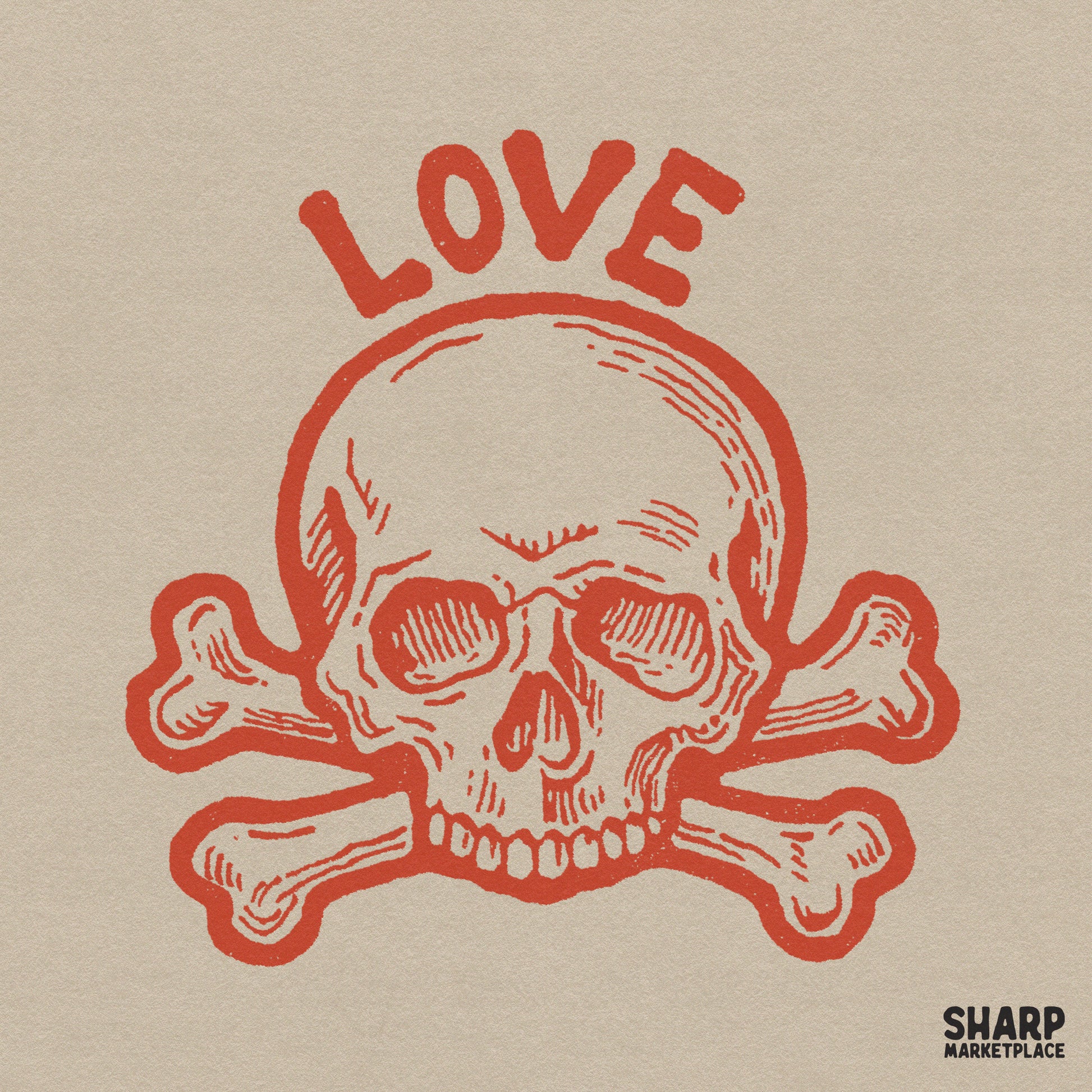 Gothic skull and crossbones with love text for a spooky retro Valentine's Day sublimation design on apparel or shirts