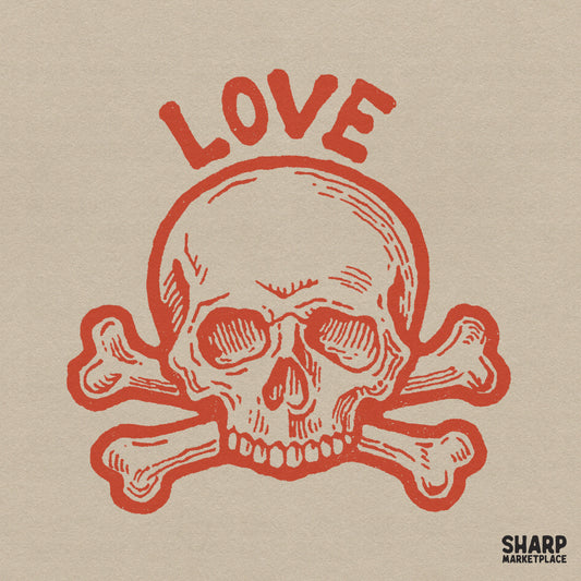 Gothic skull and crossbones with love text for a spooky retro Valentine's Day sublimation design on apparel or shirts