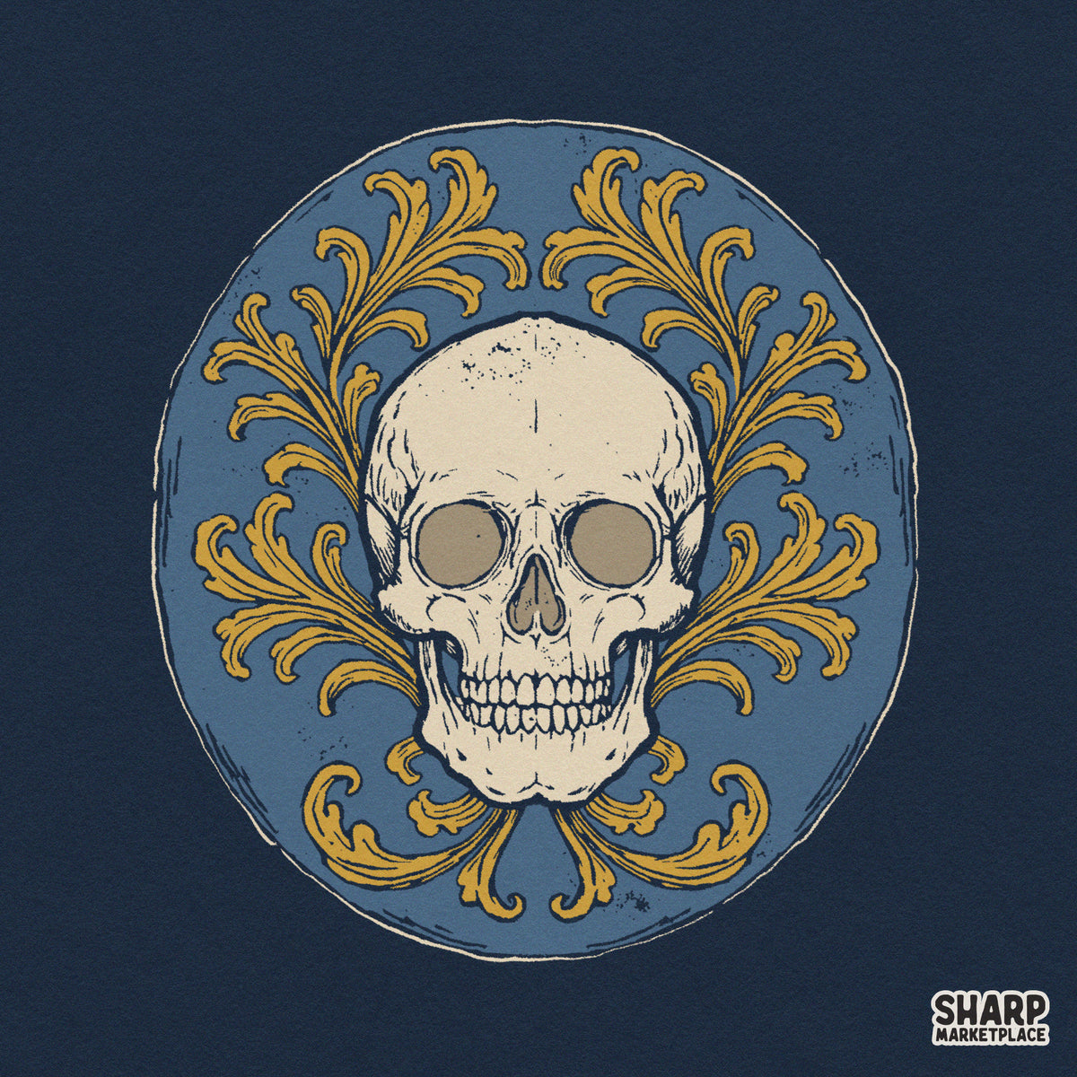 Antique Skull Set In Blue Medallion With Gold Acanthus
