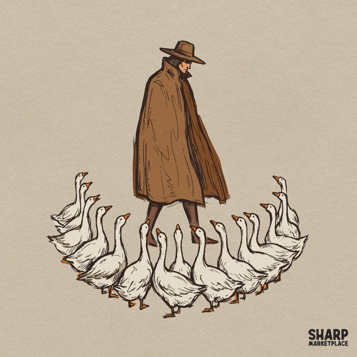 Vintage drawing of a man followed by a flock of geese in a funny retro png style for apparel printing