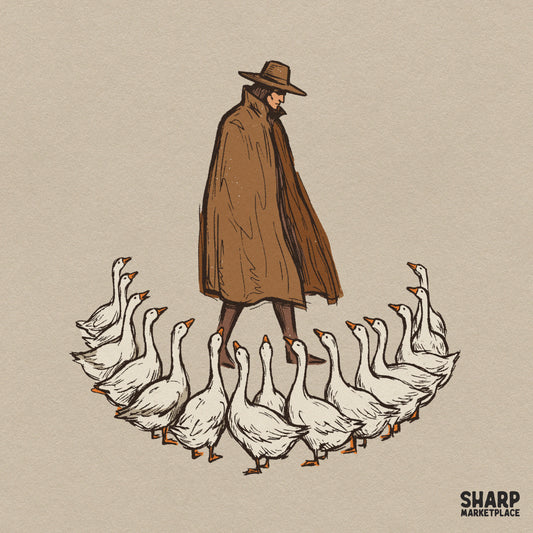 Vintage drawing of a man followed by a flock of geese in a funny retro png style for apparel printing