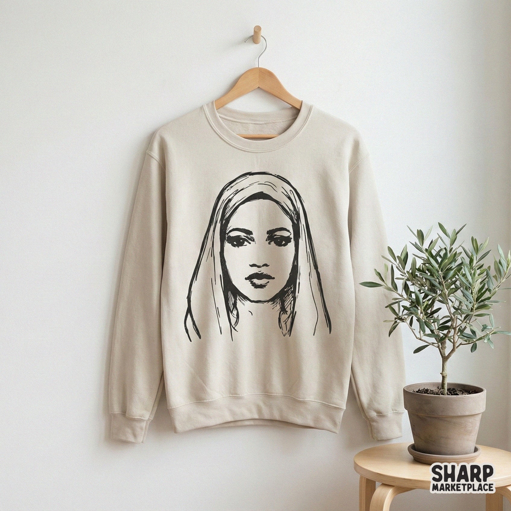 Woman Face PNG, Hand Drawn Digital Portrait - 300 DPI Design for T-Shirt