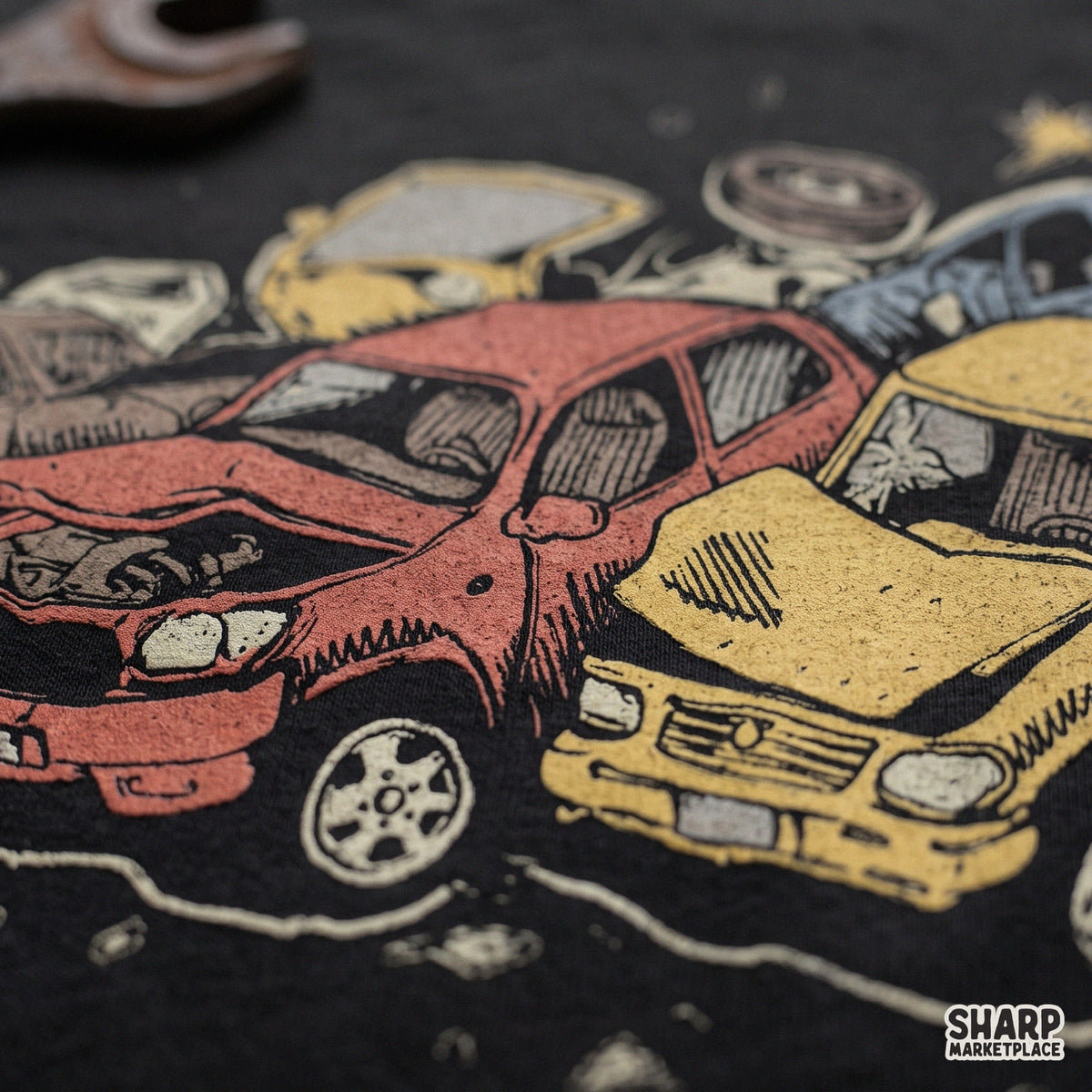 Retro pile of crushed and wrecked cars in a colorful auto junkyard scene PNG for shirt sublimation