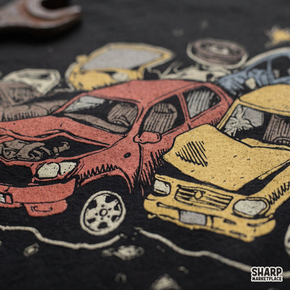 Retro pile of crushed and wrecked cars in a colorful auto junkyard scene PNG for shirt sublimation