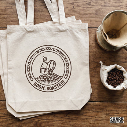 Boom Roasted funny coffee bean design for shirts and sublimation tumblers, perfect office humor for caffeine lovers