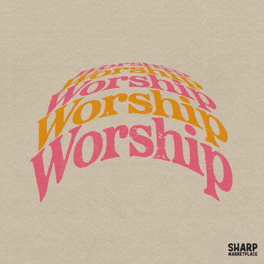 Retro wavy typography design featuring the word Worship stacked in three colors of pink orange and red for Christian apparel and sublimation