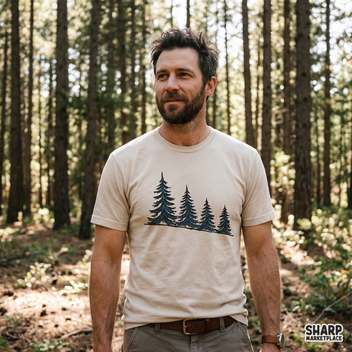 Four pine trees on a mountain slope graphic for shirt sublimation, nature aesthetic png design