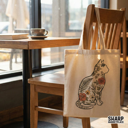 Floral Cat Silhouette PNG Design, Vintage Botanical Cat Art - 300 DPI