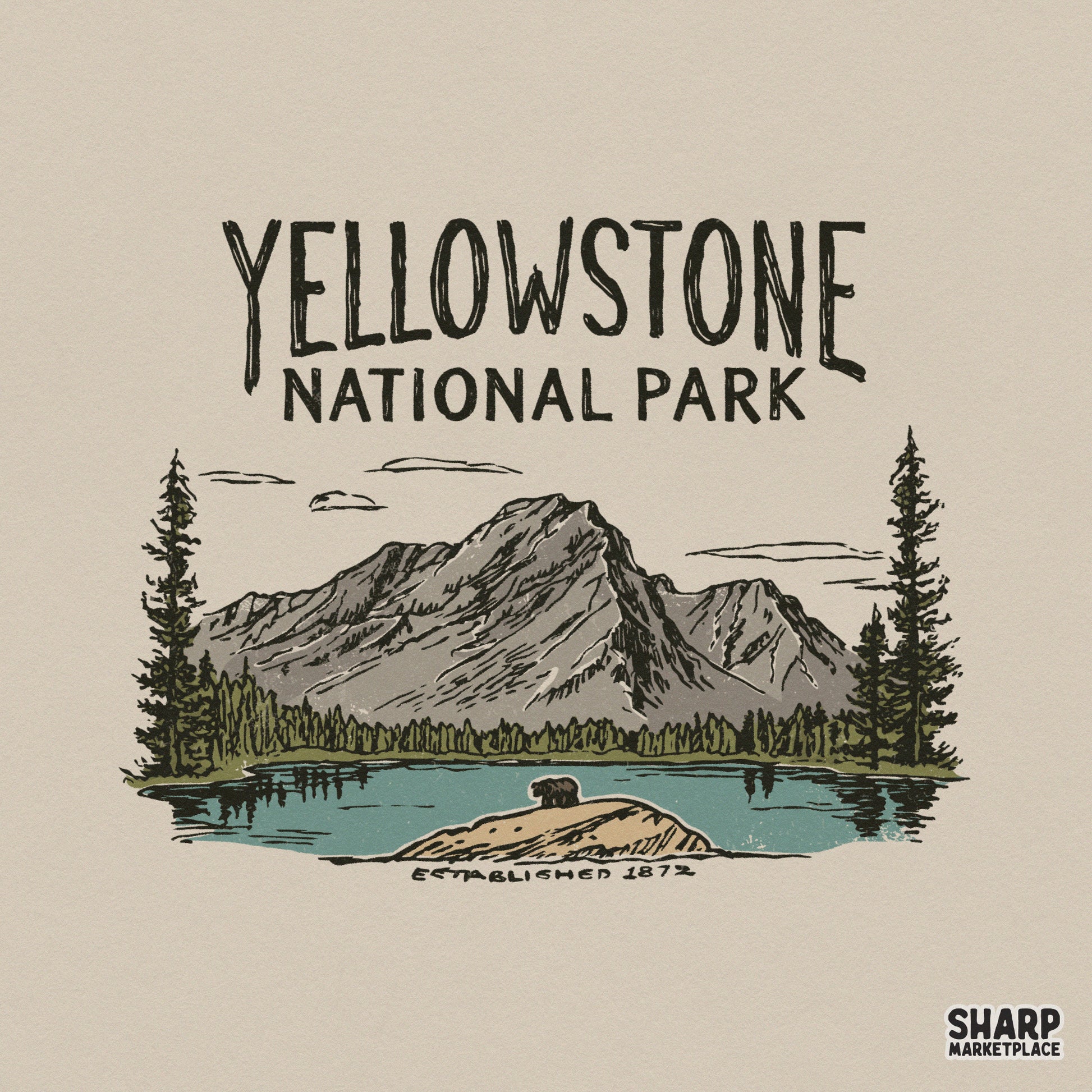 Vintage mountain landscape digital design featuring a bear by a lake, pine trees, and the text Yellowstone National Park established 1872 for apparel.