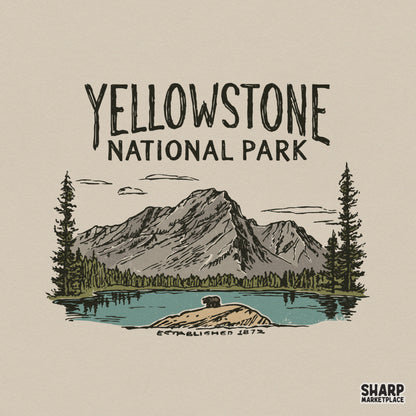 Vintage mountain landscape digital design featuring a bear by a lake, pine trees, and the text Yellowstone National Park established 1872 for apparel.