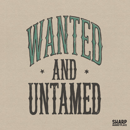 Wanted and Untamed western typography design featuring distressed forest green arched text and charcoal block lettering for cowgirl apparel.