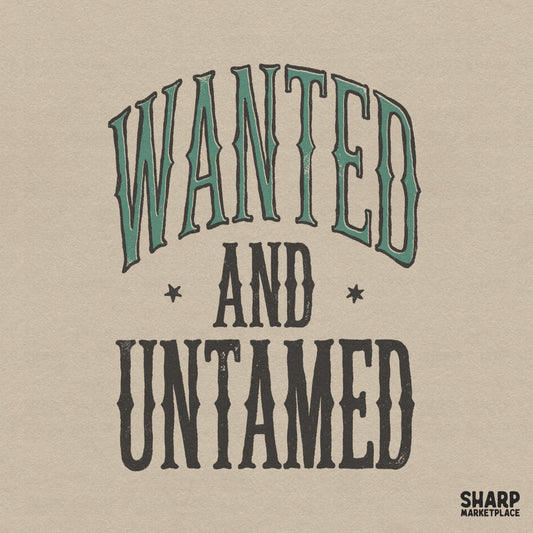 Wanted and Untamed western typography design featuring distressed forest green arched text and charcoal block lettering for cowgirl apparel.