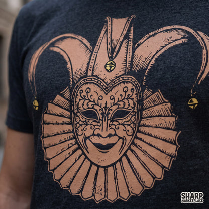 Creepy jester masquerade mask illustration in vintage medieval style for Halloween shirt PNG sublimation design