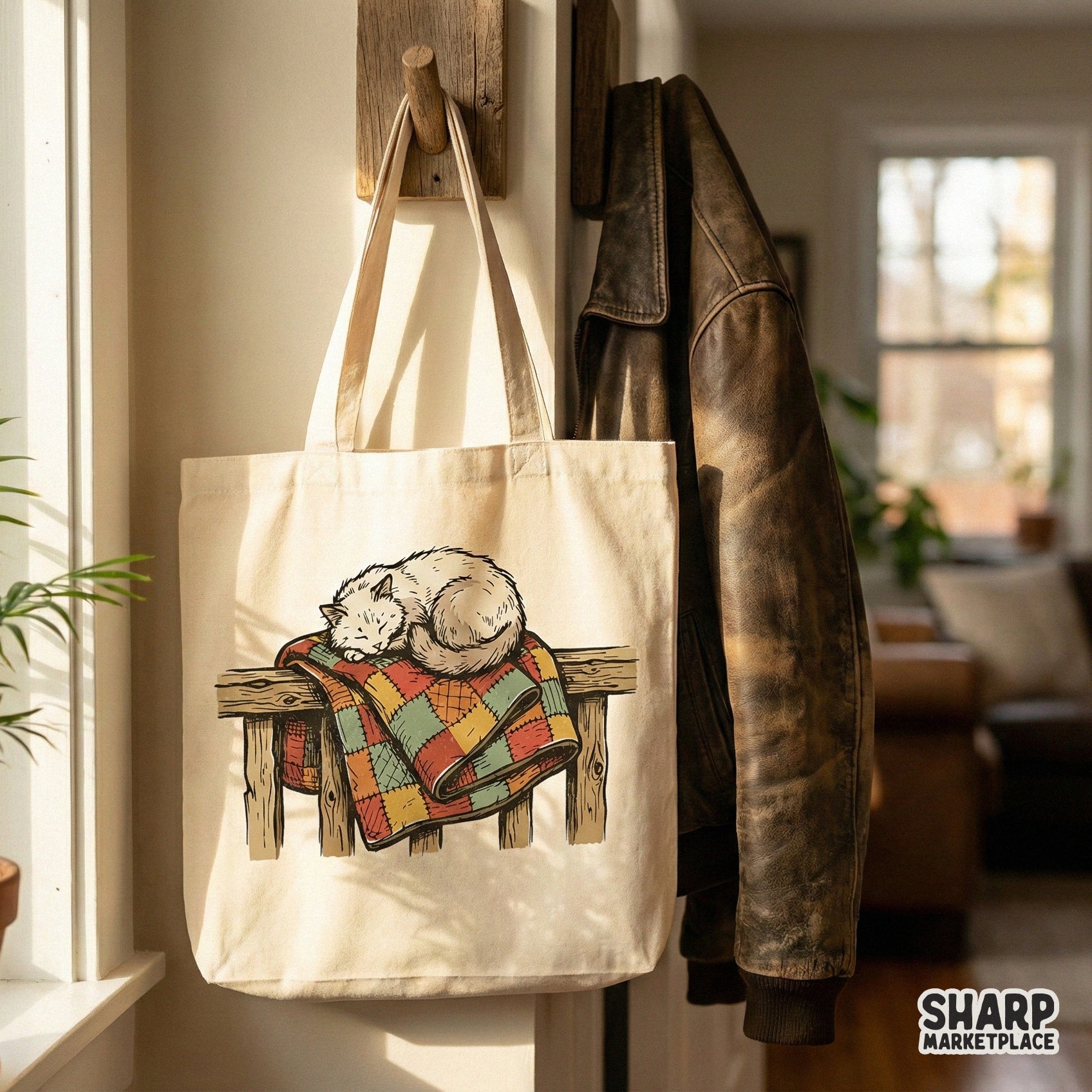 Sleeping Cat on Patchwork Quilt PNG, Vintage Cozy Cat Digital Download -