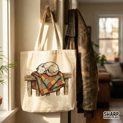 Sleeping Cat on Patchwork Quilt PNG, Vintage Cozy Cat Digital Download -