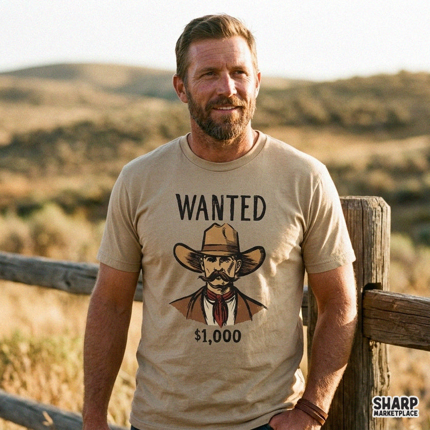 Wanted $1000 wild west outlaw cowboy portrait PNG graphic for retro apparel and western t-shirt designs