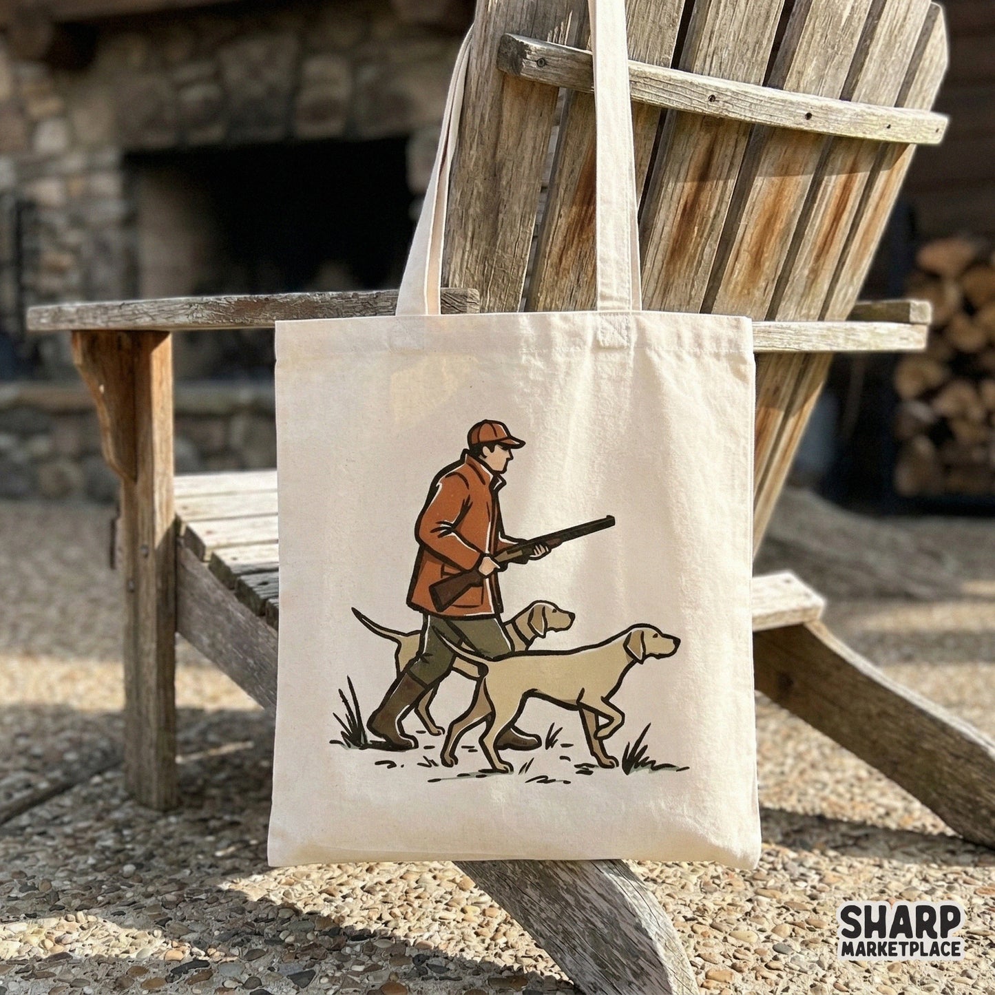 Digital design of a sportsman and two hunting dogs displayed on a canvas tote bag, perfect for rustic outdoor themed sublimation projects.