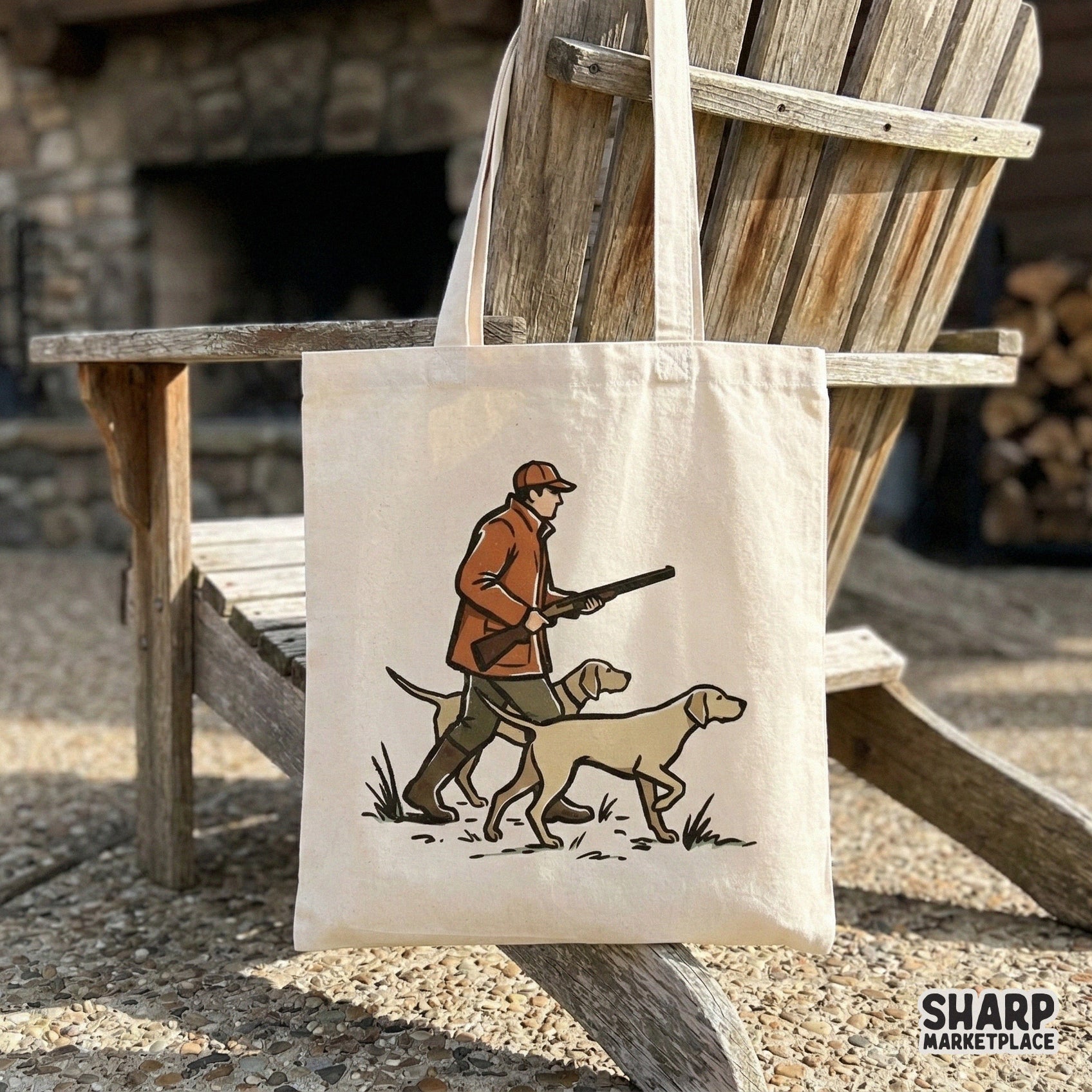 Digital design of a sportsman and two hunting dogs displayed on a canvas tote bag, perfect for rustic outdoor themed sublimation projects.