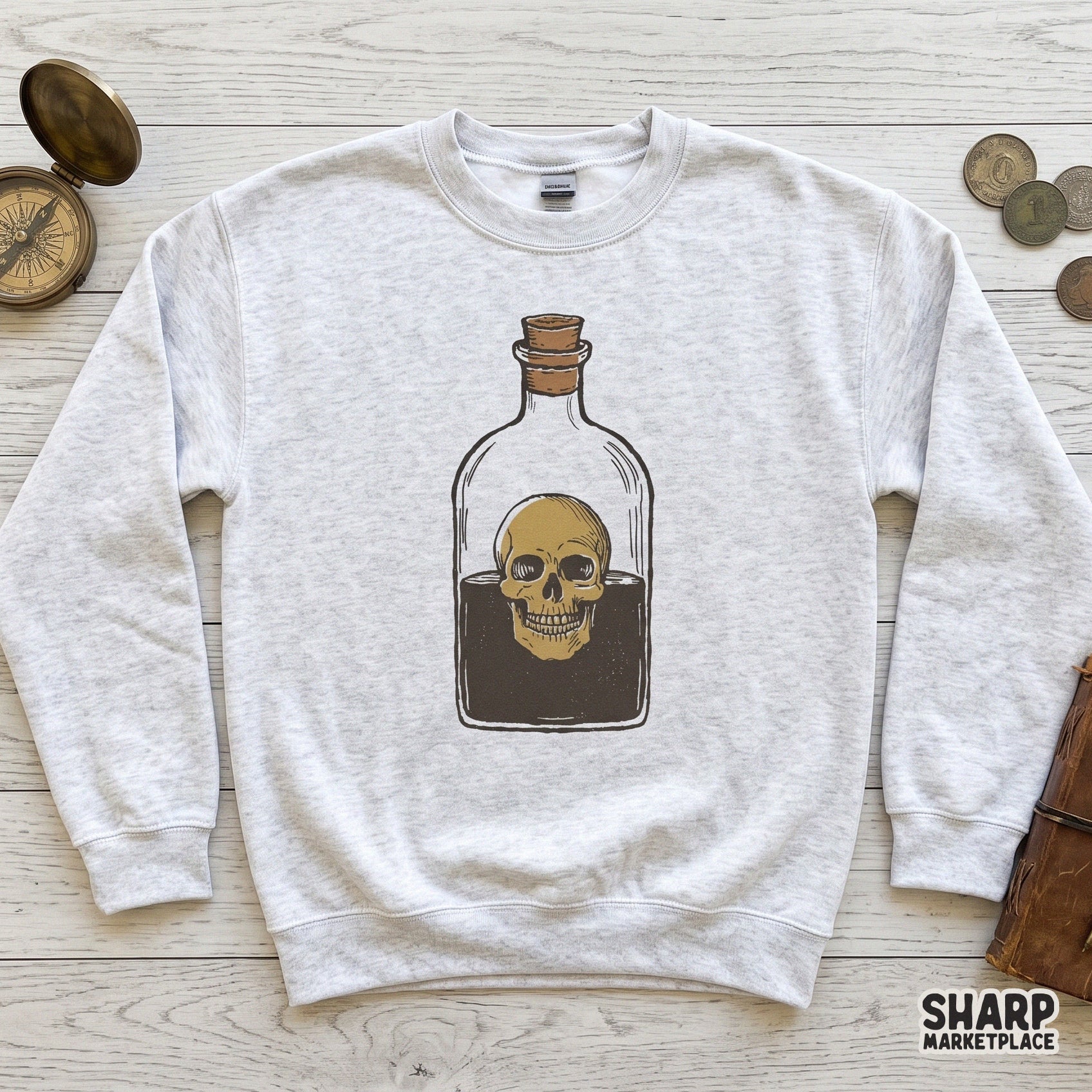 Skull poison potion bottle illustration in a retro spooky style for Halloween sublimation and shirt designs