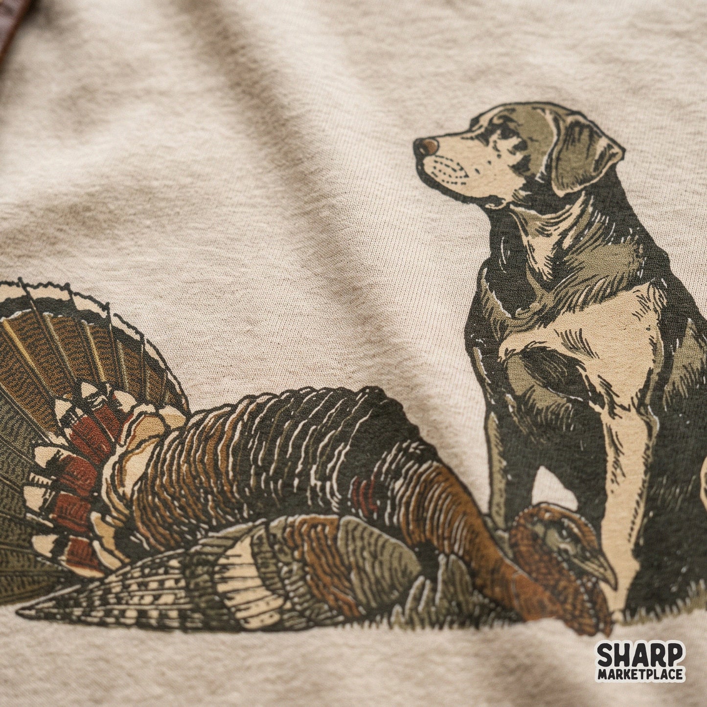 Vintage hunting dog and wild turkey artwork for outdoor apparel and fall thanksgiving sublimation png designs