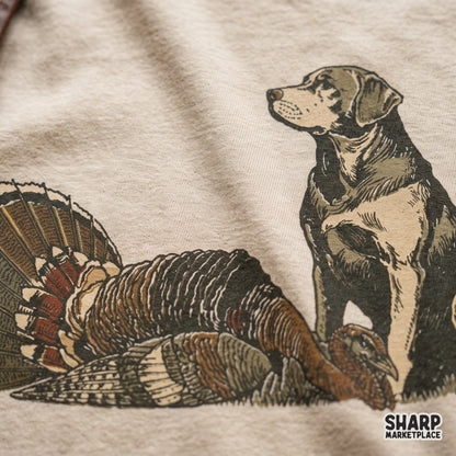 Vintage hunting dog and wild turkey artwork for outdoor apparel and fall thanksgiving sublimation png designs