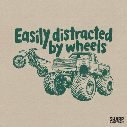 Easily Distracted By Wheels dirt bike and monster truck sublimation PNG design for a funny dad or boy t-shirt